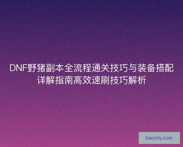 DNF野猪副本全流程通关技巧与装备搭配详解指南高效速刷技巧解析